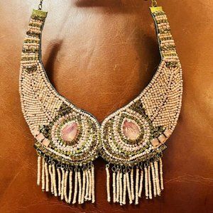 Multi Beads Statement Necklace Fringe Accent Collar Necklace Coral Pink New